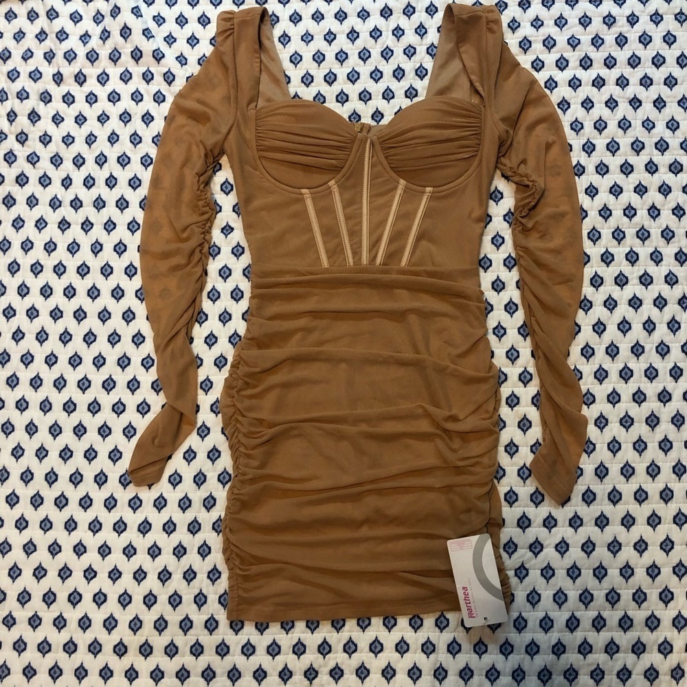 NWT Brown Tan  Bodycon Long Sleeve corset Dress with Ruching front &back XS